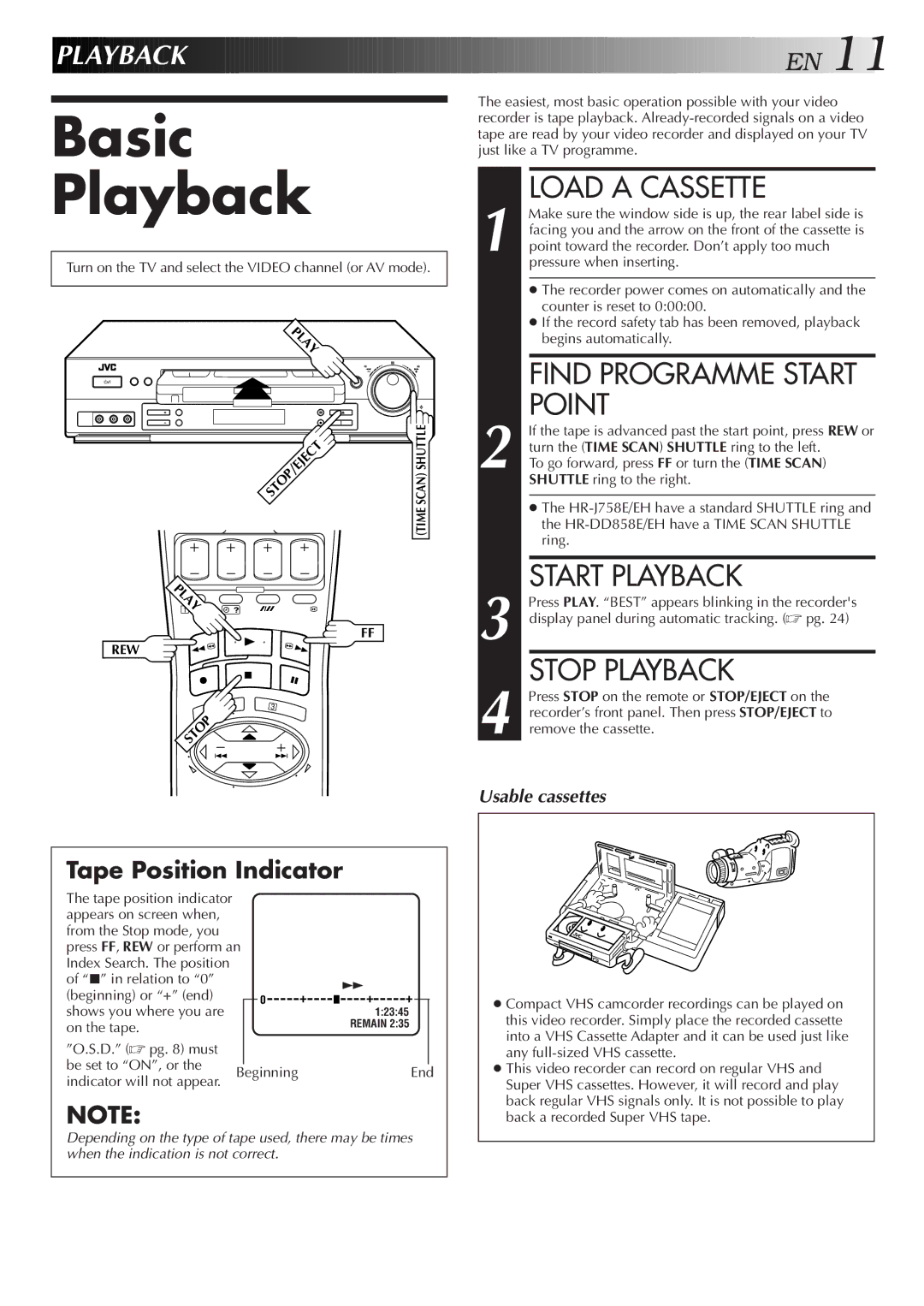 JVC HR-J758E/EH, HR-DD858E/EH specifications Basic Playback, Load a Cassette, Point, Start Playback, Stop Playback 