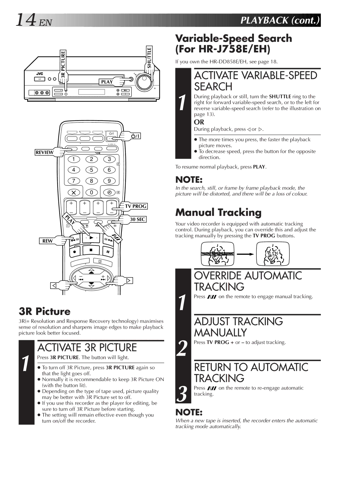 JVC HR-DD858E/EH Activate 3R Picture, Override Automatic Tracking, Adjust Tracking, Manually, Return to Automatic 