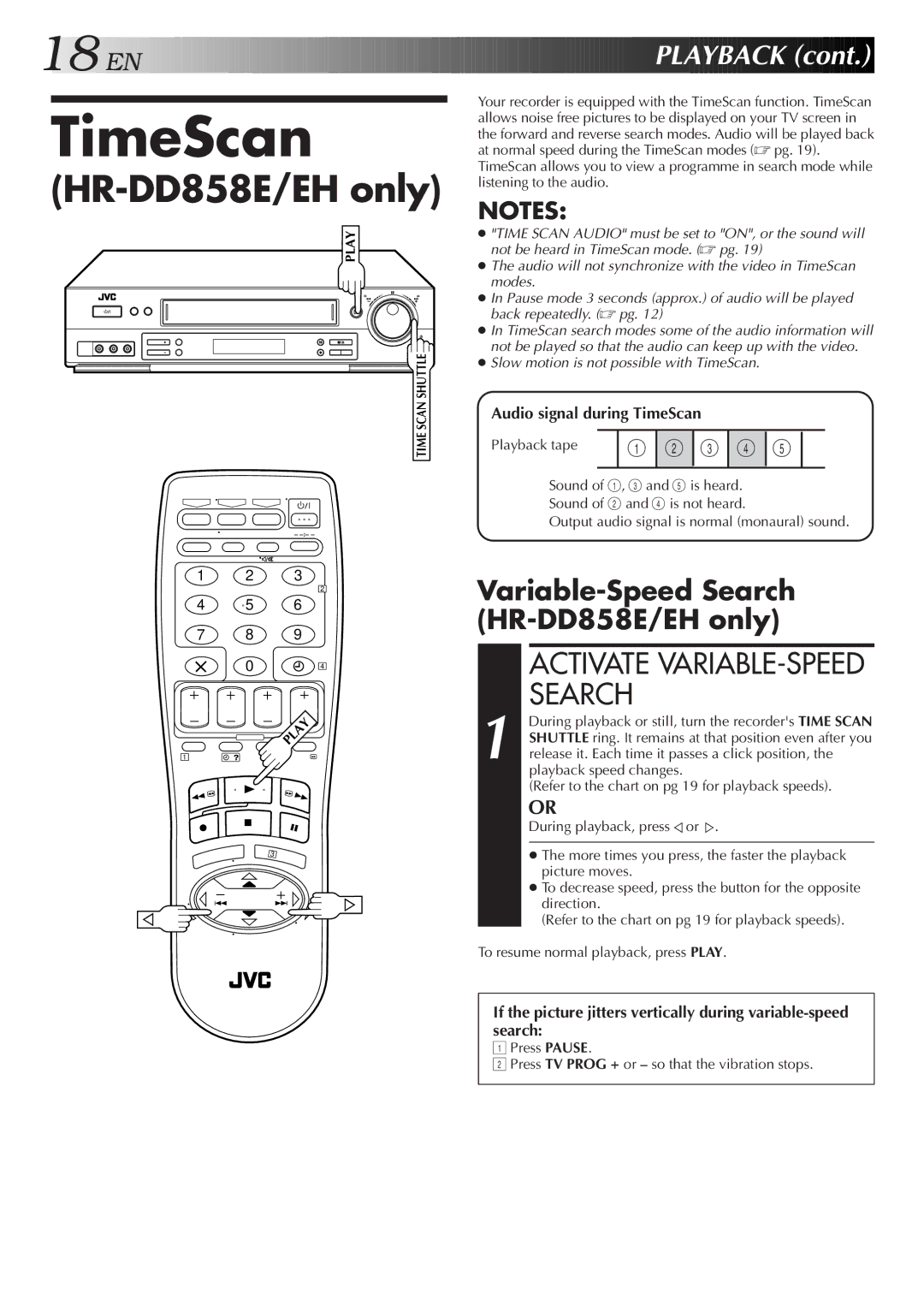 JVC HR-J758E/EH specifications Variable-Speed Search HR-DD858E/EH only, Audio signal during TimeScan 