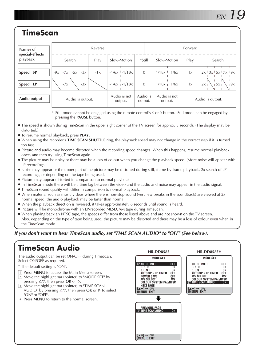 JVC HR-J758E/EH, HR-DD858E/EH specifications TimeScan Audio, Speed SP Speed LP Audio output, HR-DD858EHR-DD858EH 