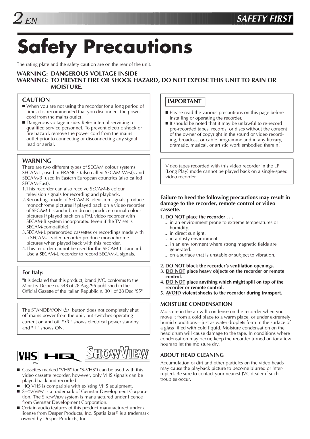 JVC HR-DD858E/EH, HR-J758E/EH specifications Safety Precautions, For Italy, Do not place the recorder 