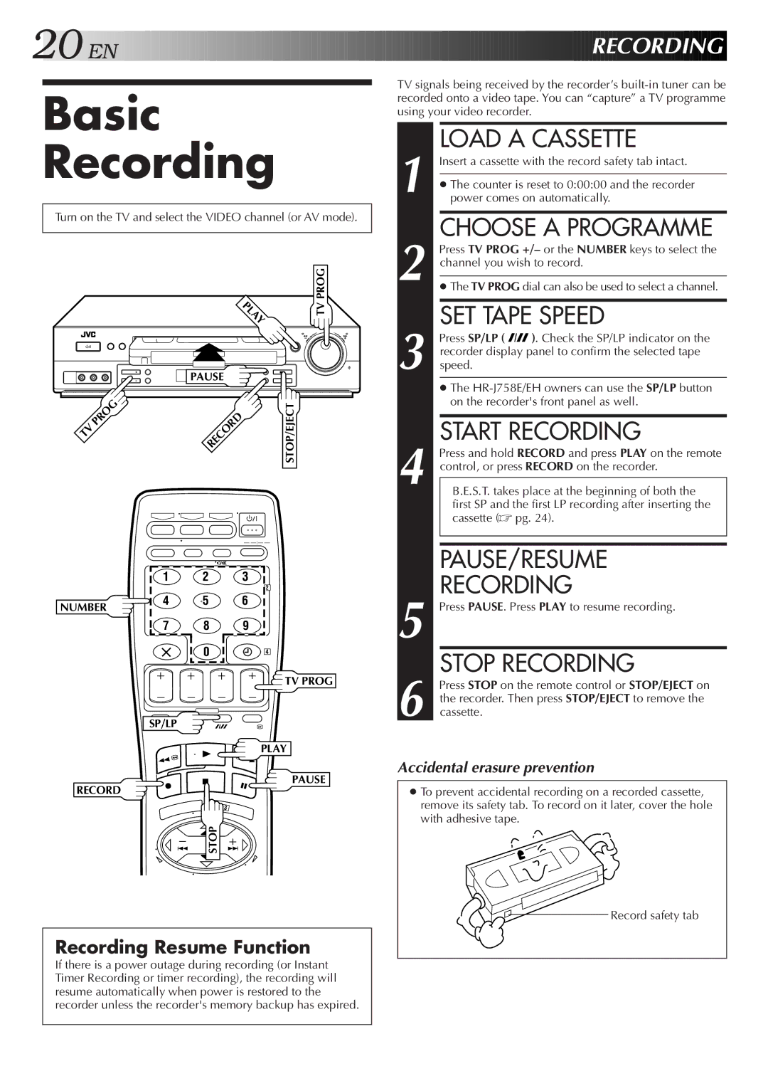 JVC HR-DD858E/EH, HR-J758E/EH specifications Basic Recording 