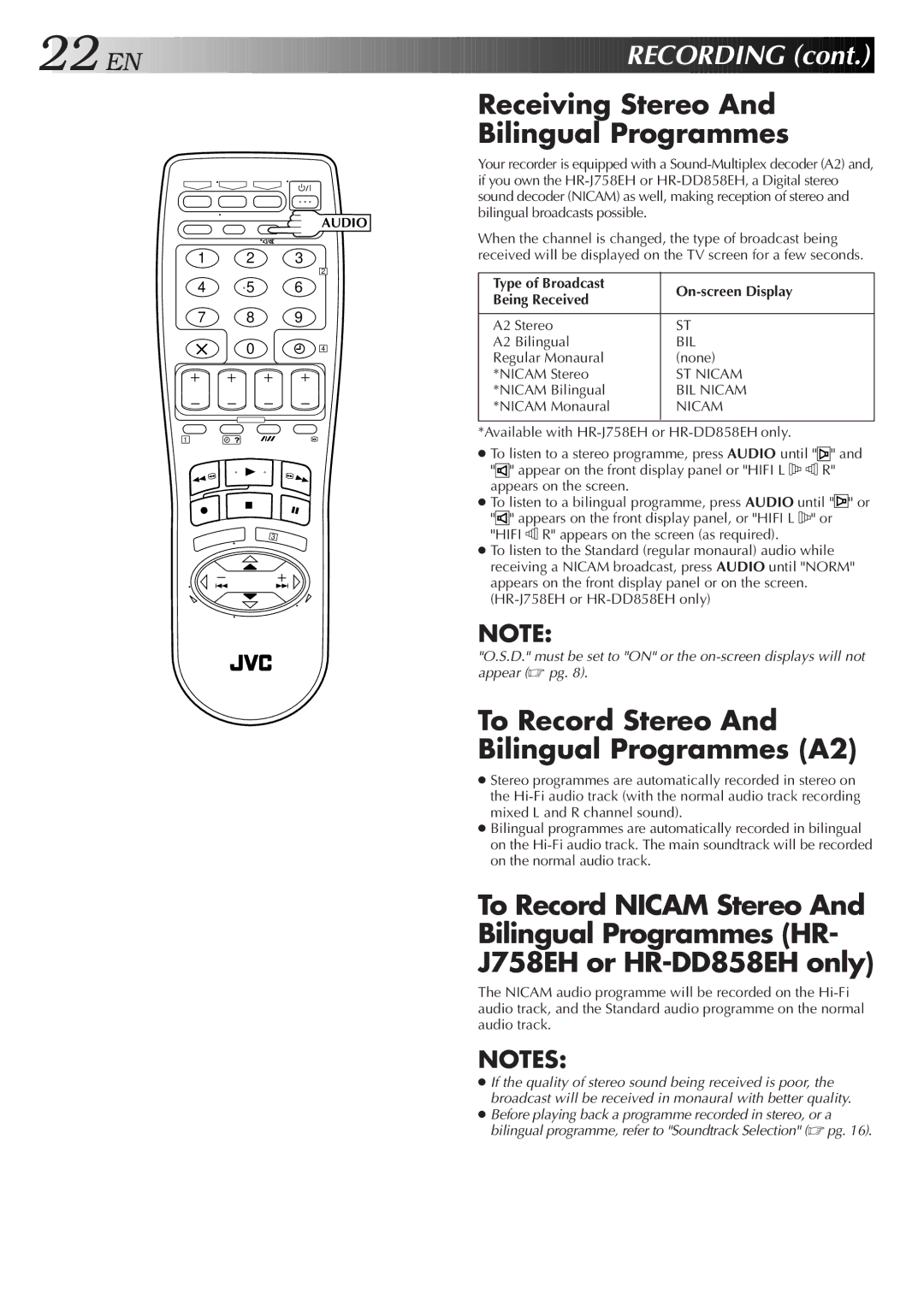 JVC HR-DD858E/EH, HR-J758E/EH Receiving Stereo Bilingual Programmes, To Record Stereo And Bilingual Programmes A2 