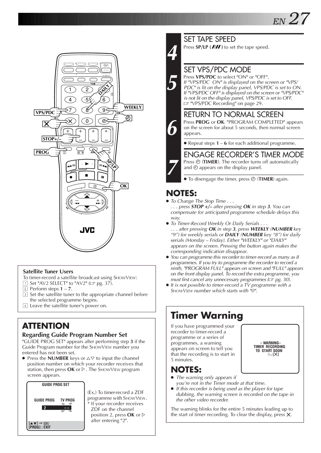 JVC HR-J758E/EH, HR-DD858E/EH specifications Timer Warning, Satellite Tuner Users 