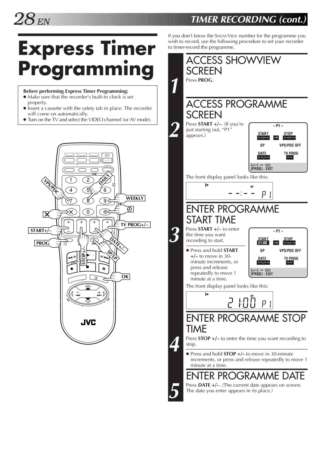 JVC HR-DD858E/EH, HR-J758E/EH Express Timer Programming, Start Time, Enter Programme Stop, Enter Programme Date 