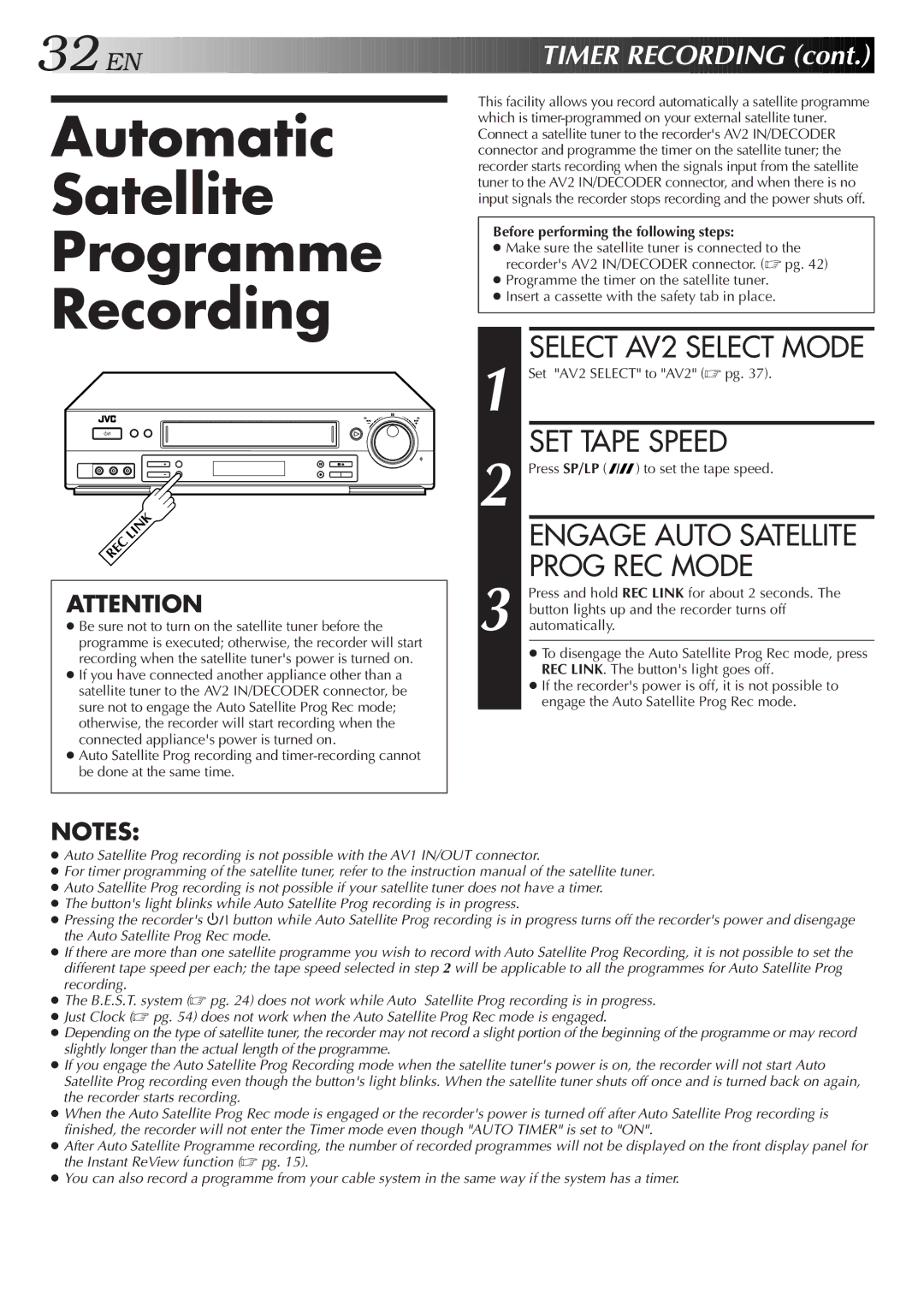 JVC HR-DD858E/EH Automatic Satellite Programme Recording, Prog REC Mode, Before performing the following steps 