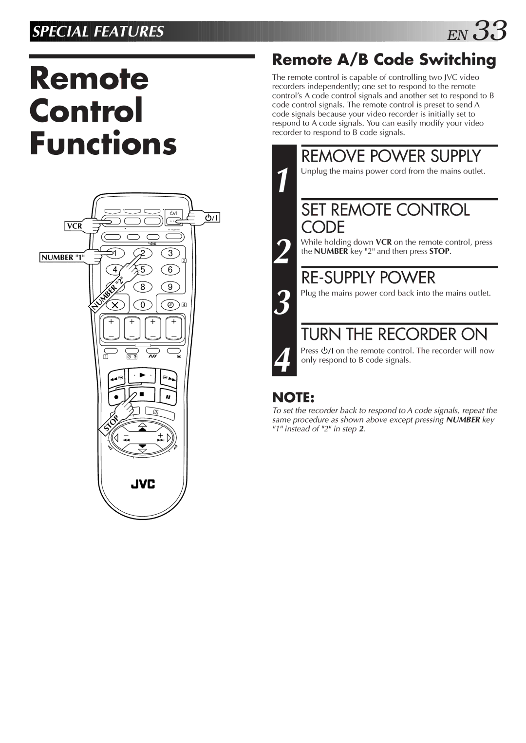 JVC HR-J758E/EH, HR-DD858E/EH Remote Control Functions, Remove Power Supply, SET Remote Control Code, RE-SUPPLY Power 