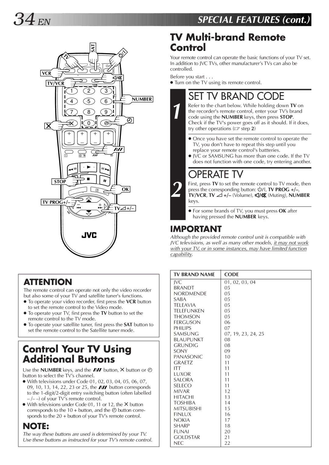 JVC HR-DD858E/EH, HR-J758E/EH SET TV Brand Code, Operate TV, TV Prog +, TV/VCR, TV +/- Volume, TV Brand Name Code 