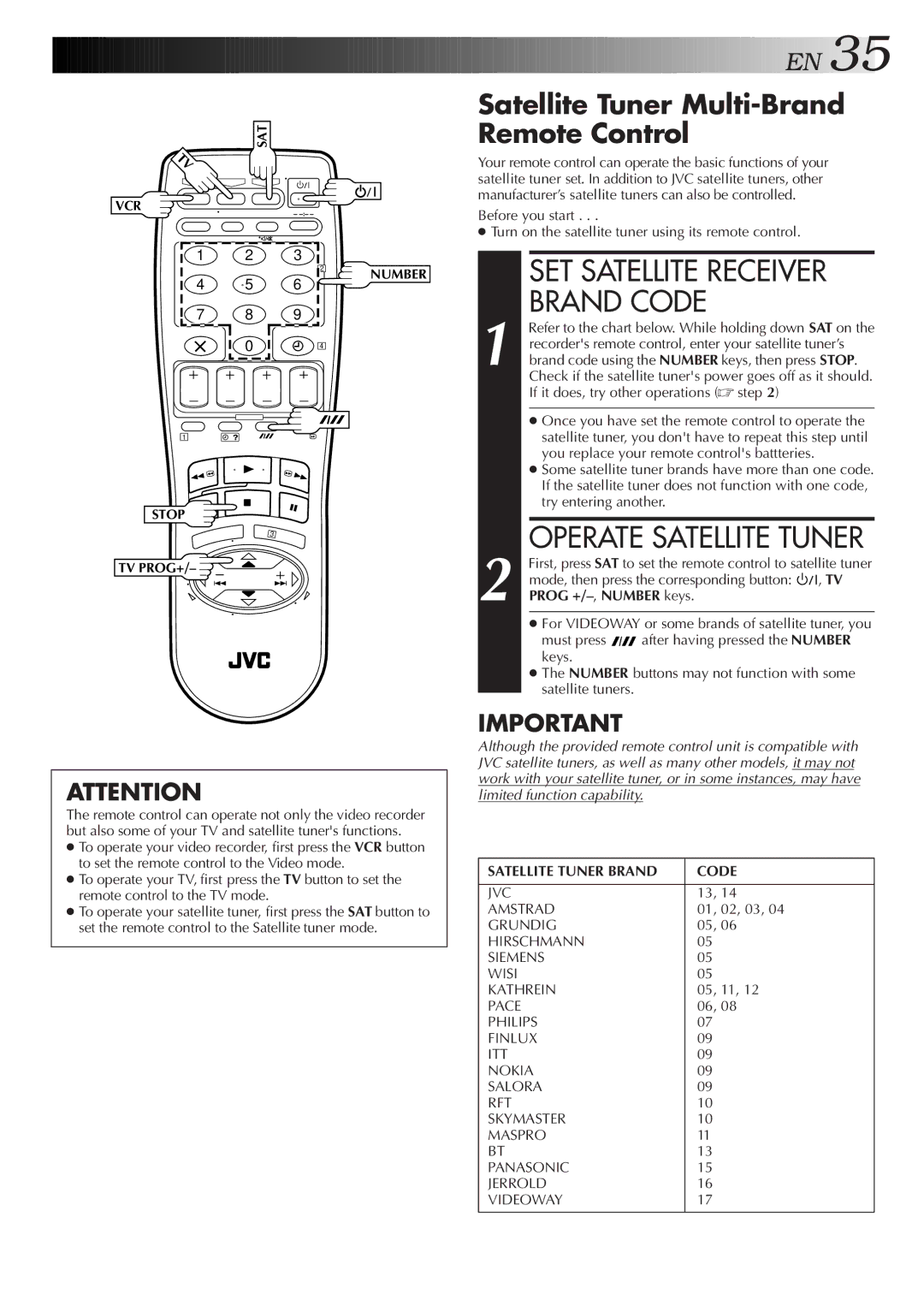 JVC HR-J758E/EH, HR-DD858E/EH Operate Satellite Tuner, Satellite Tuner Multi-Brand Remote Control, Before you start 