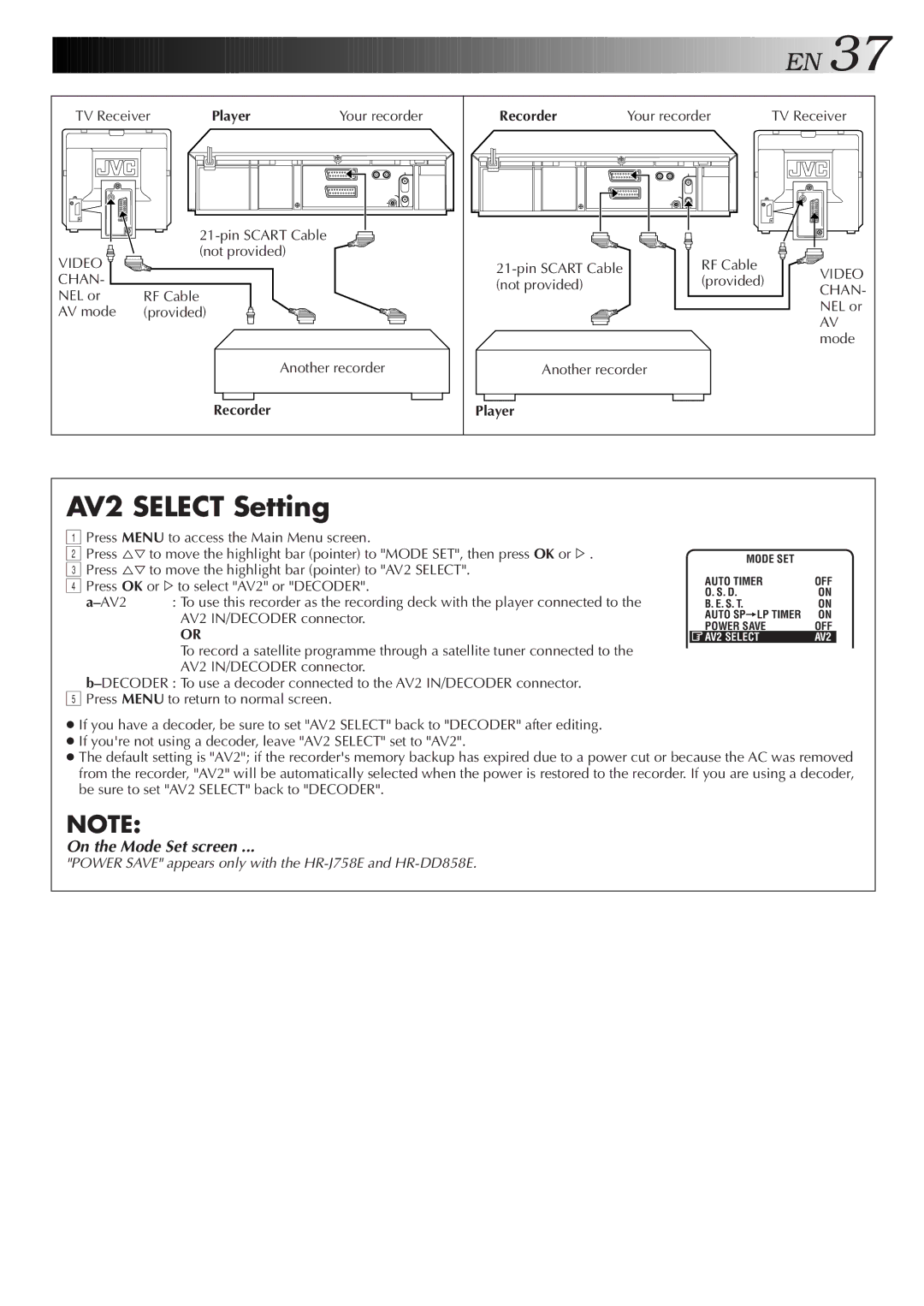 JVC HR-J758E/EH, HR-DD858E/EH specifications AV2 Select Setting 