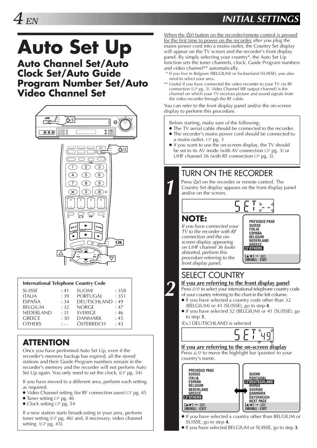 JVC HR-DD858E/EH Auto Set Up, If you are referring to the front display panel, International Telephone Country Code 