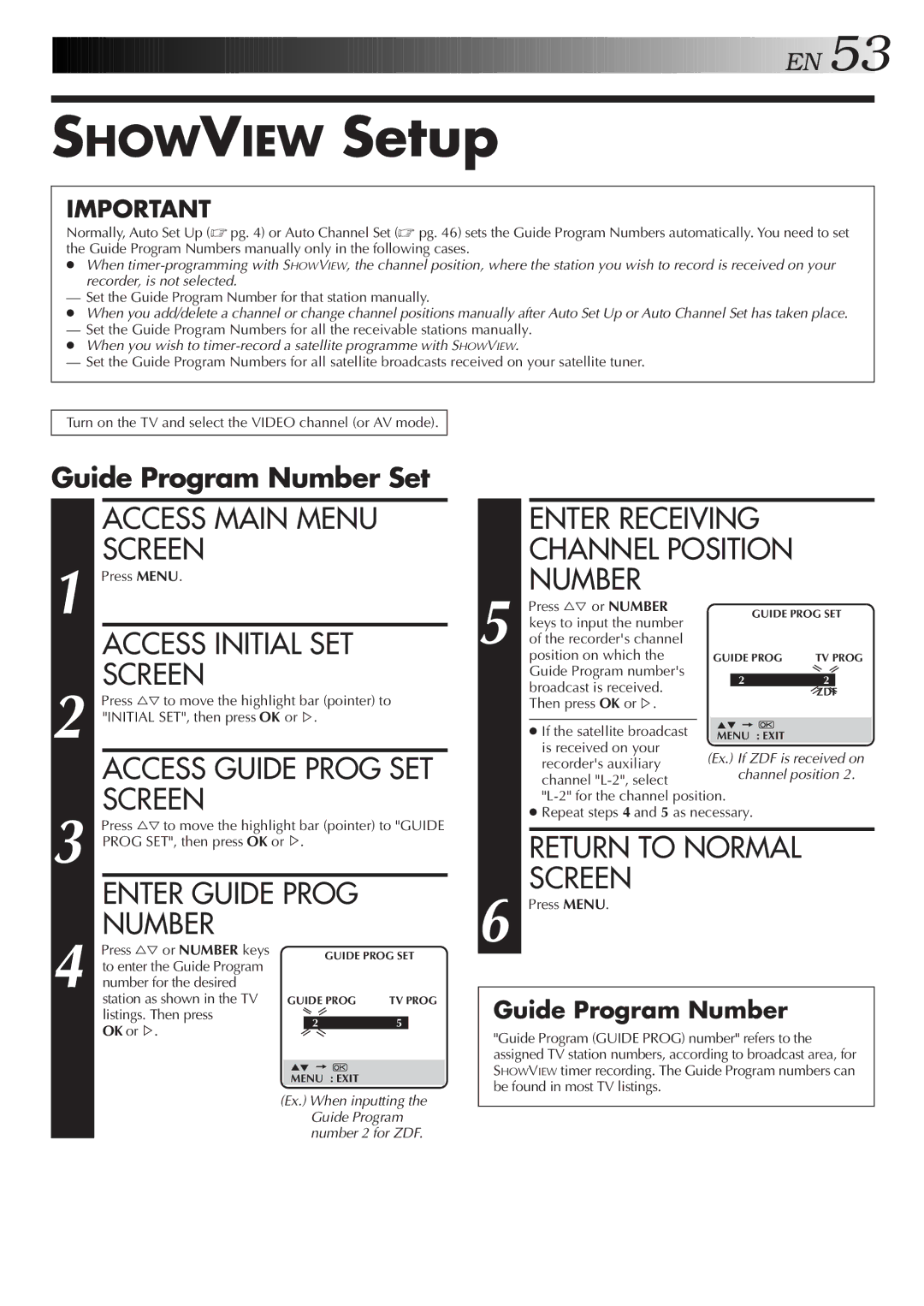 JVC HR-J758E/EH, HR-DD858E/EH Showview Setup, Enter Receiving Channel Position Number, Guide Program Number Set 