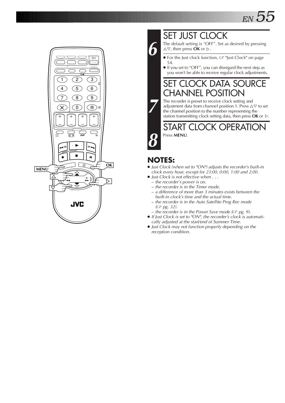 JVC HR-J758E/EH, HR-DD858E/EH specifications SET Just Clock, SET Clock Data Source Channel Position, Start Clock Operation 