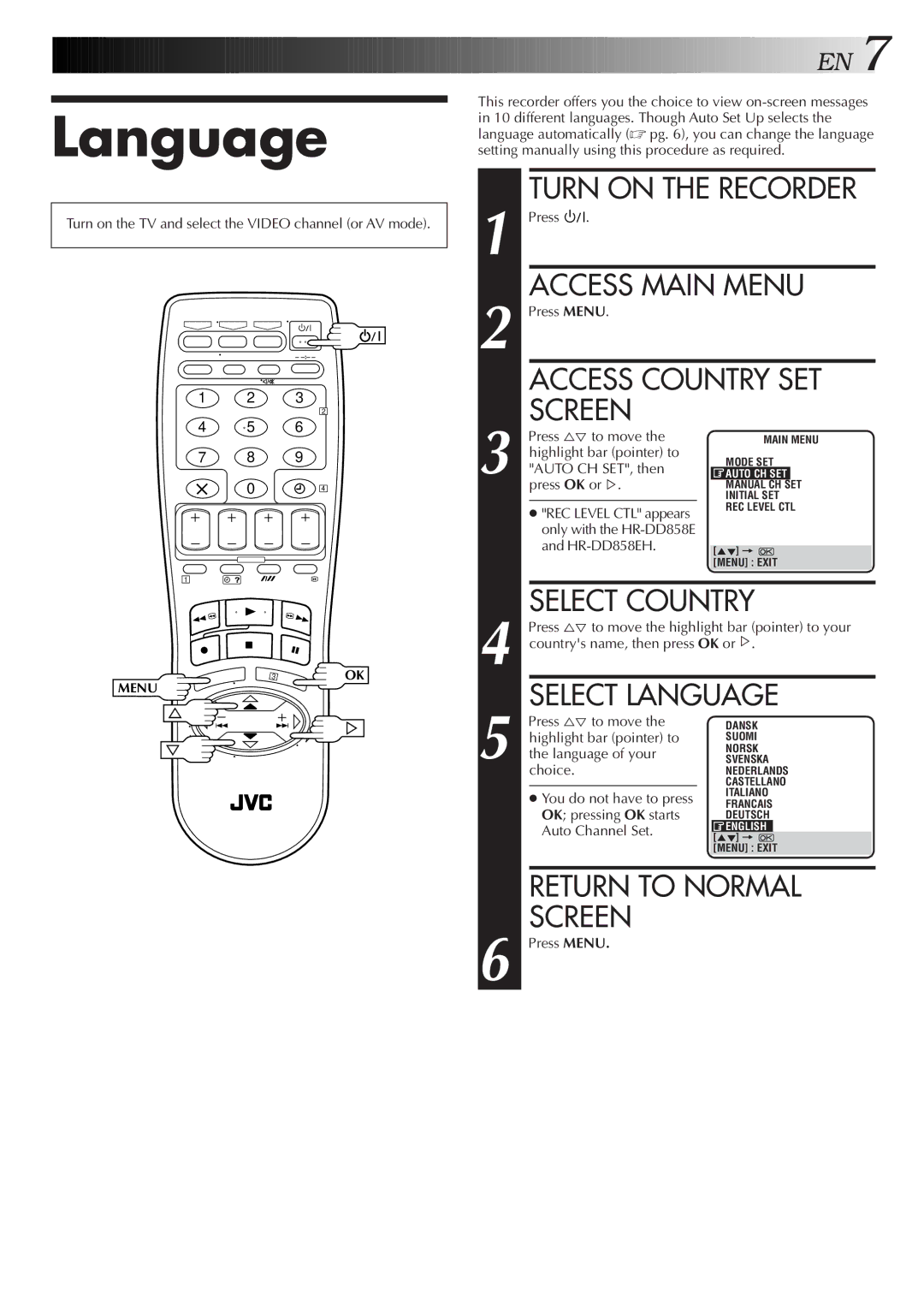 JVC HR-J758E/EH, HR-DD858E/EH specifications Language 