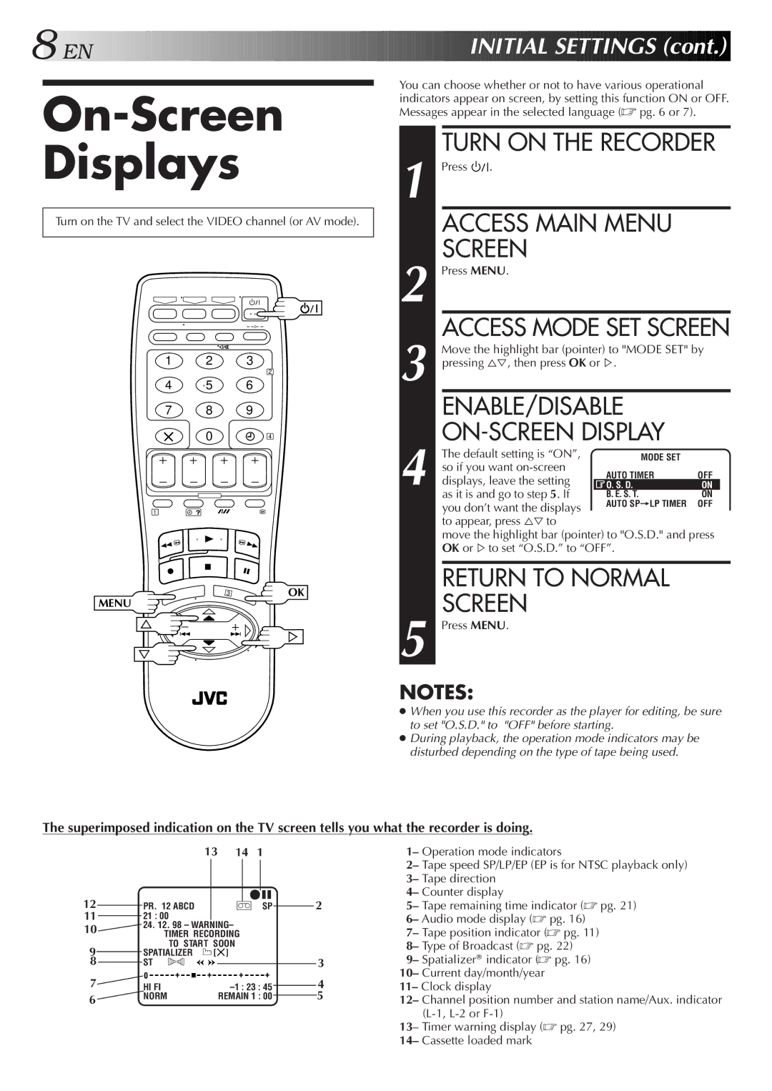 JVC HR-DD858E/EH On-Screen Displays, Access Main Menu Screen, Access Mode SET Screen, ENABLE/DISABLE ON-SCREEN Display 