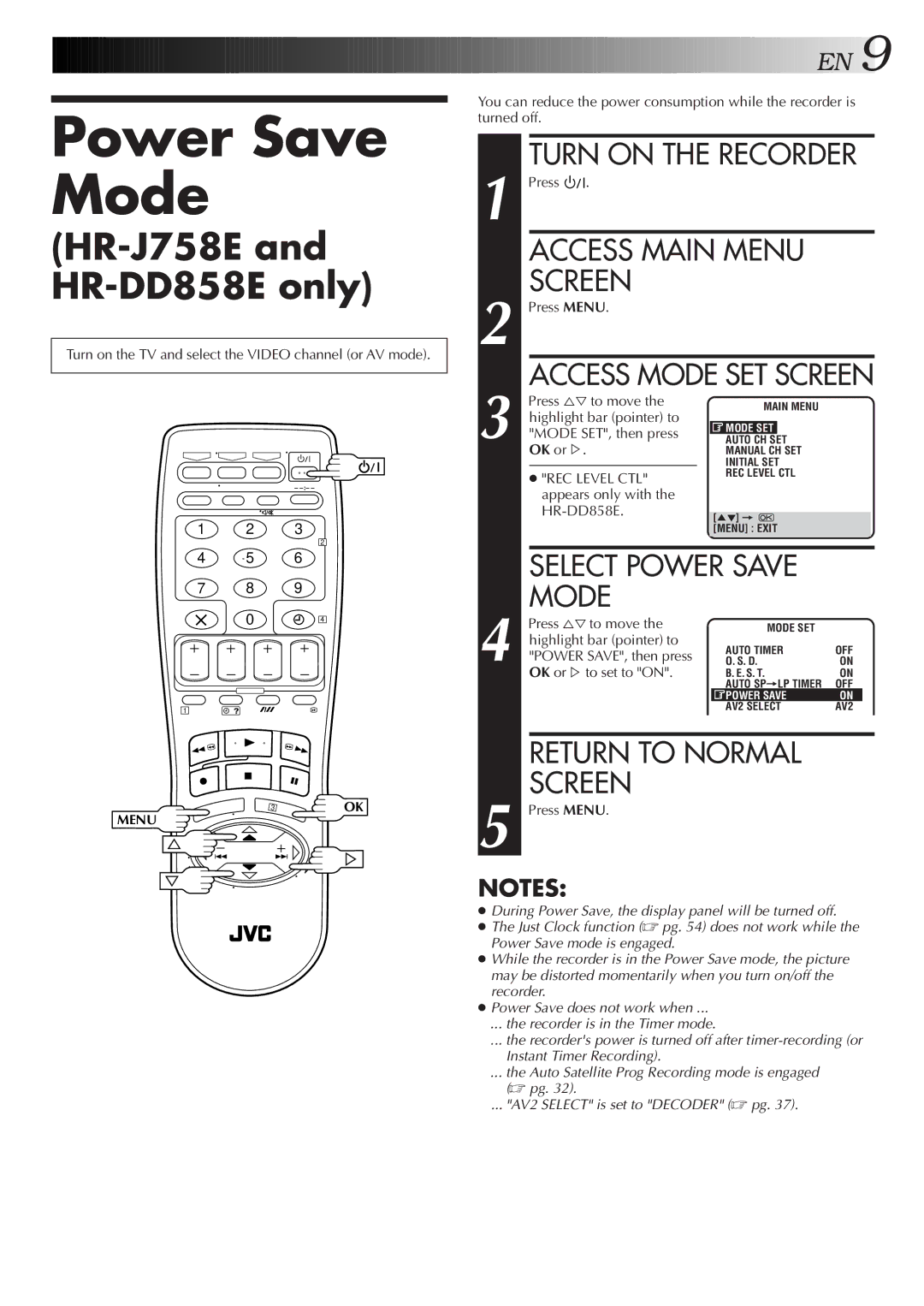 JVC HR-J758E/EH, HR-DD858E/EH specifications Select Power Save Mode, OK or % 