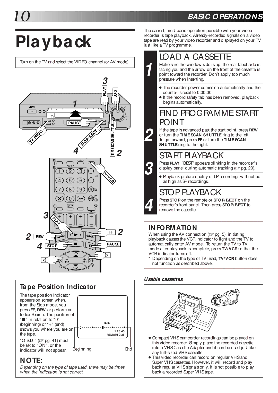 JVC HR-DD865EK setup guide Load a Cassette, Point, Start Playback, Stop Playback 