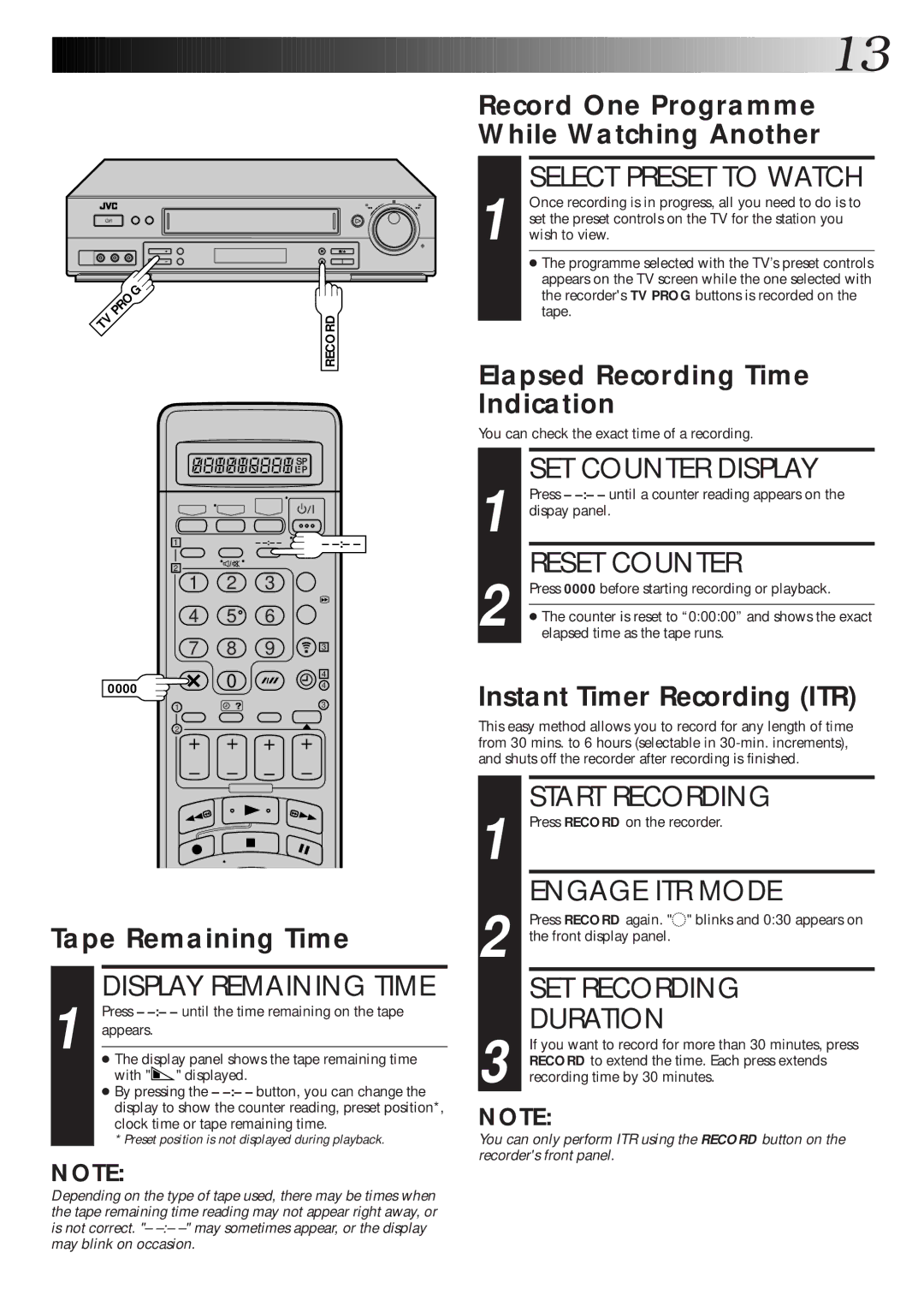 JVC HR-DD865EK Select Preset to Watch, SET Counter Display, Reset Counter, Engage ITR Mode, SET Recording Duration 