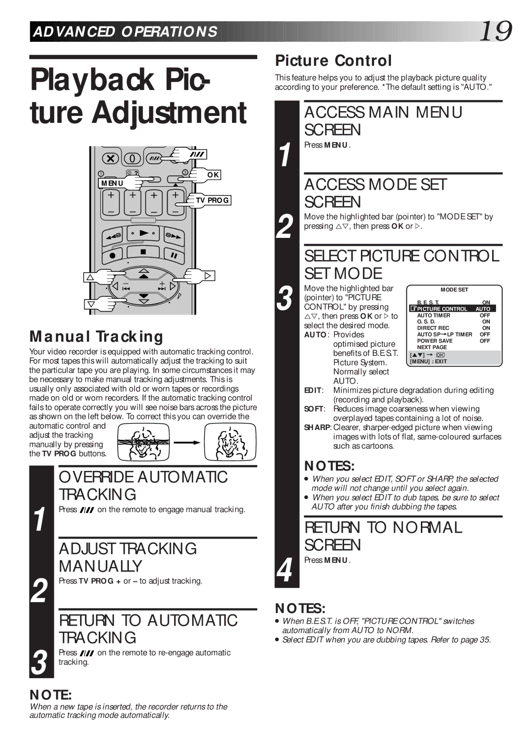 JVC HR-DD865EK Override Automatic, Adjust Tracking, Manually, Return to Automatic, Access Main Menu Screen, SET Mode 