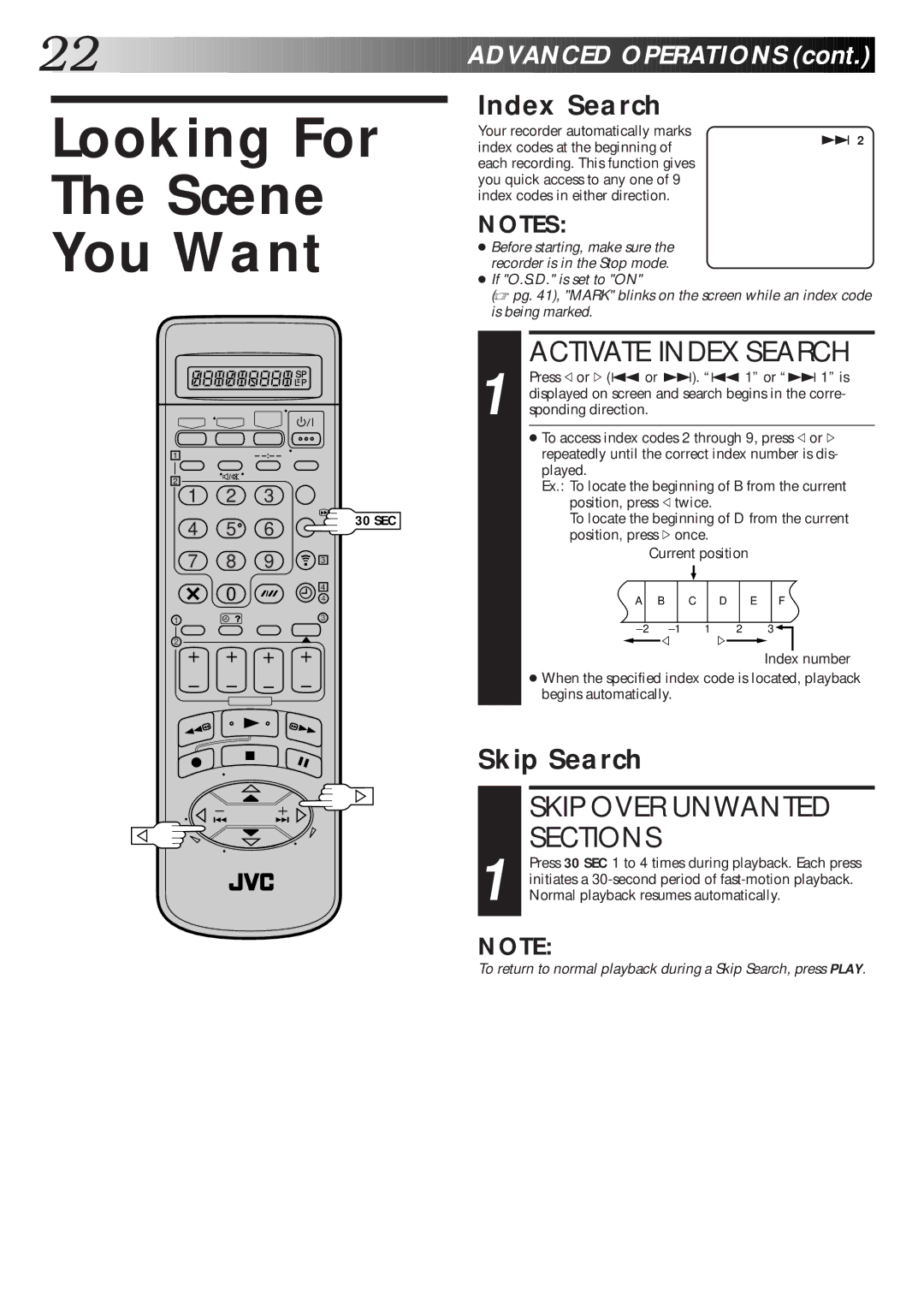 JVC HR-DD865EK setup guide Looking For Scene You Want, Activate Index Search, Skip Over Unwanted, Sections 