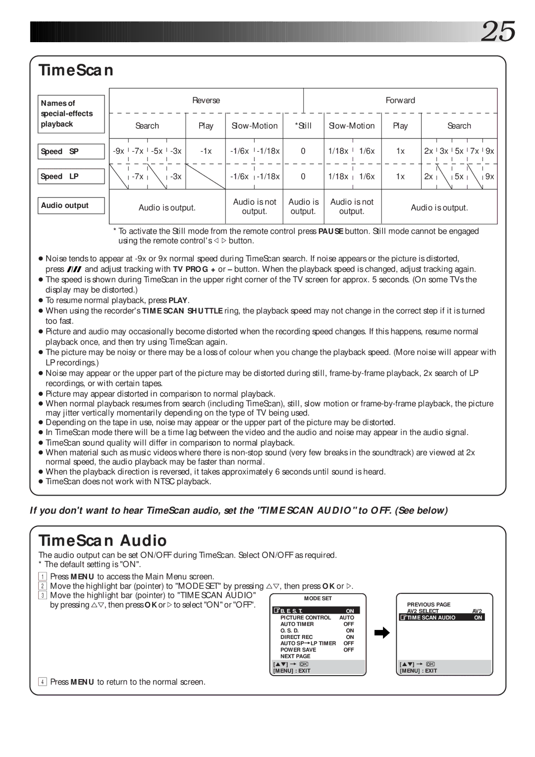 JVC HR-DD865EK setup guide TimeScan, Speed SP Speed LP Audio output, Move the highlight bar pointer to Time Scan Audio 