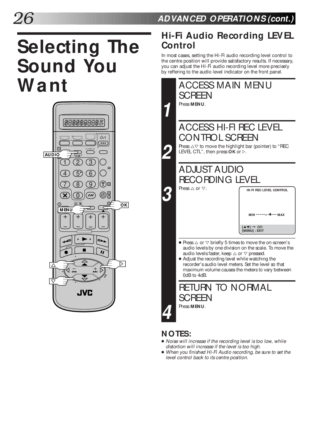 JVC HR-DD865EK setup guide Selecting Sound You Want, Access Main Menu, Control Screen, Hi-Fi Audio Recording Level Control 