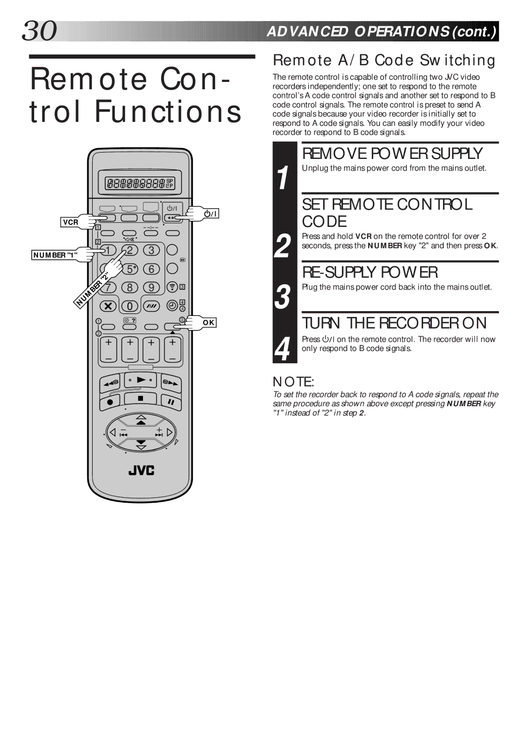 JVC HR-DD865EK setup guide Remote Con- trol Functions, SET Remote Control, RE-SUPPLY Power, Remote A/B Code Switching 