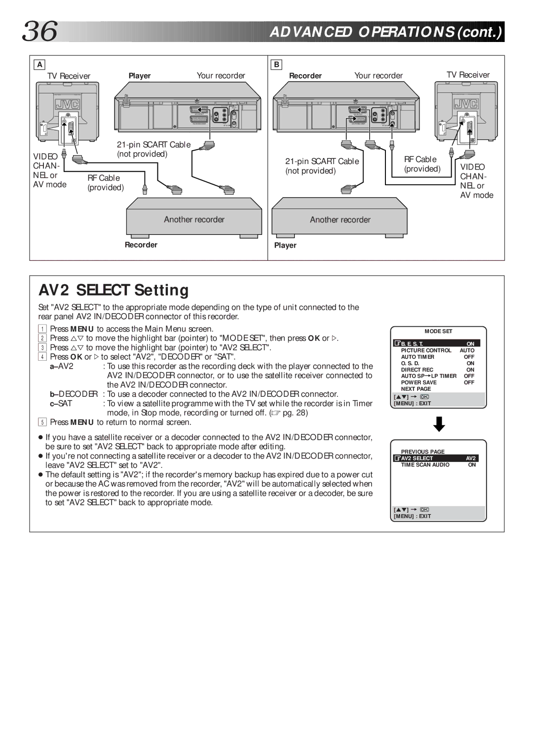 JVC HR-DD865EK setup guide AV2 Select Setting 