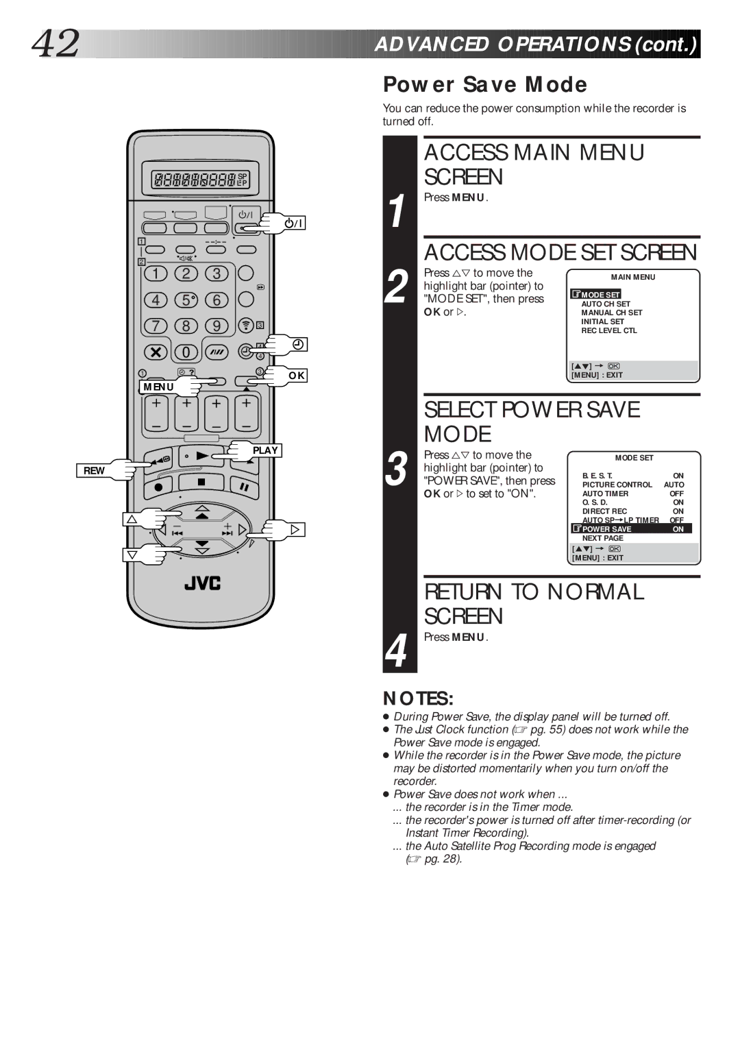 JVC HR-DD865EK setup guide Power Save Mode, Power SAVE, then press 