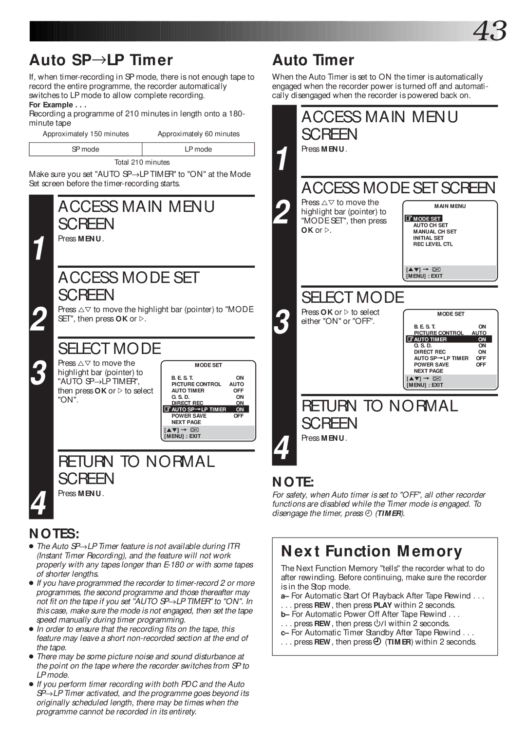 JVC HR-DD865EK setup guide Auto SP→LP Timer, Auto Timer, Next Function Memory 