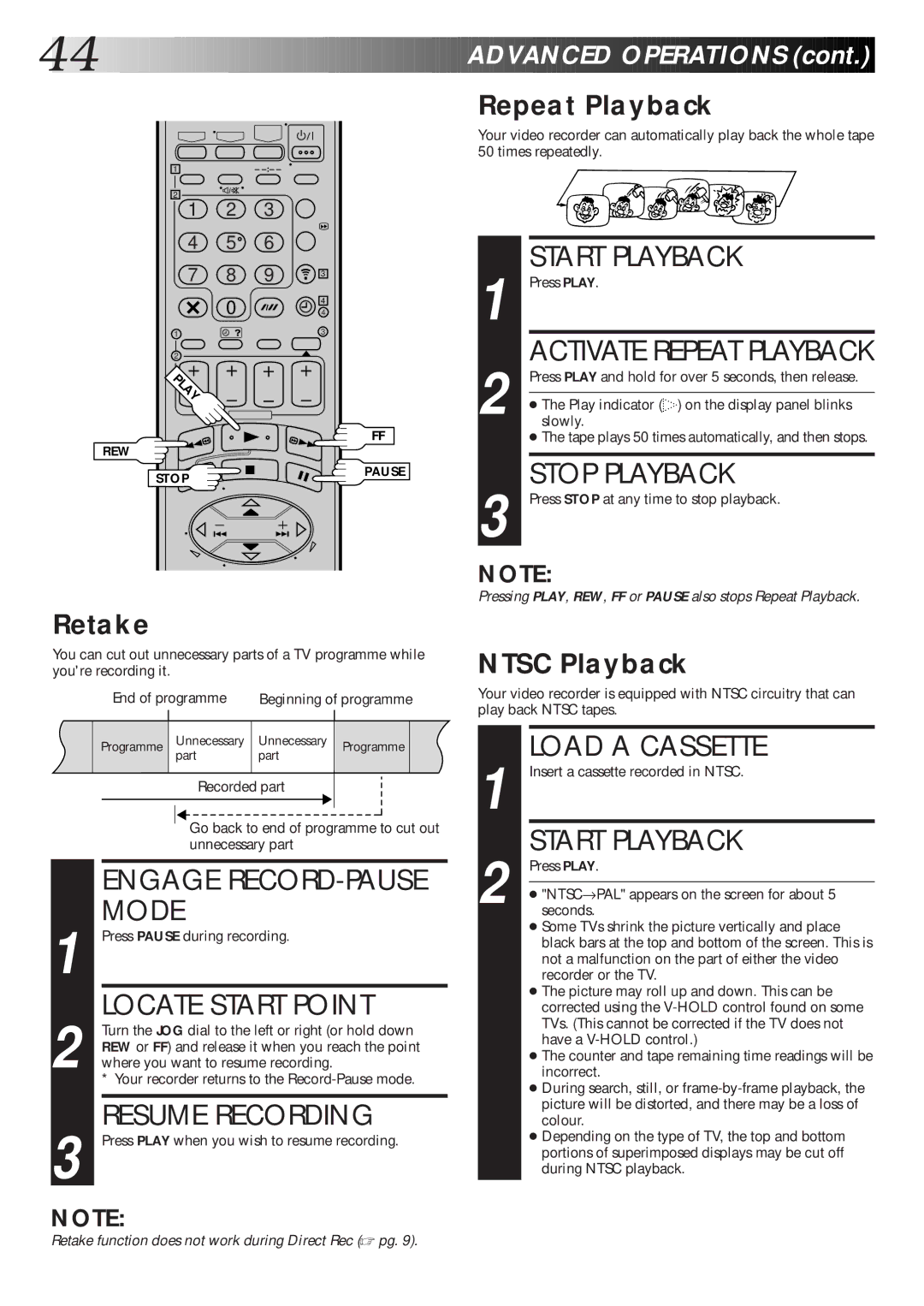 JVC HR-DD865EK setup guide Engage RECORD-PAUSE Mode, Resume Recording, Repeat Playback, Retake, Ntsc Playback 