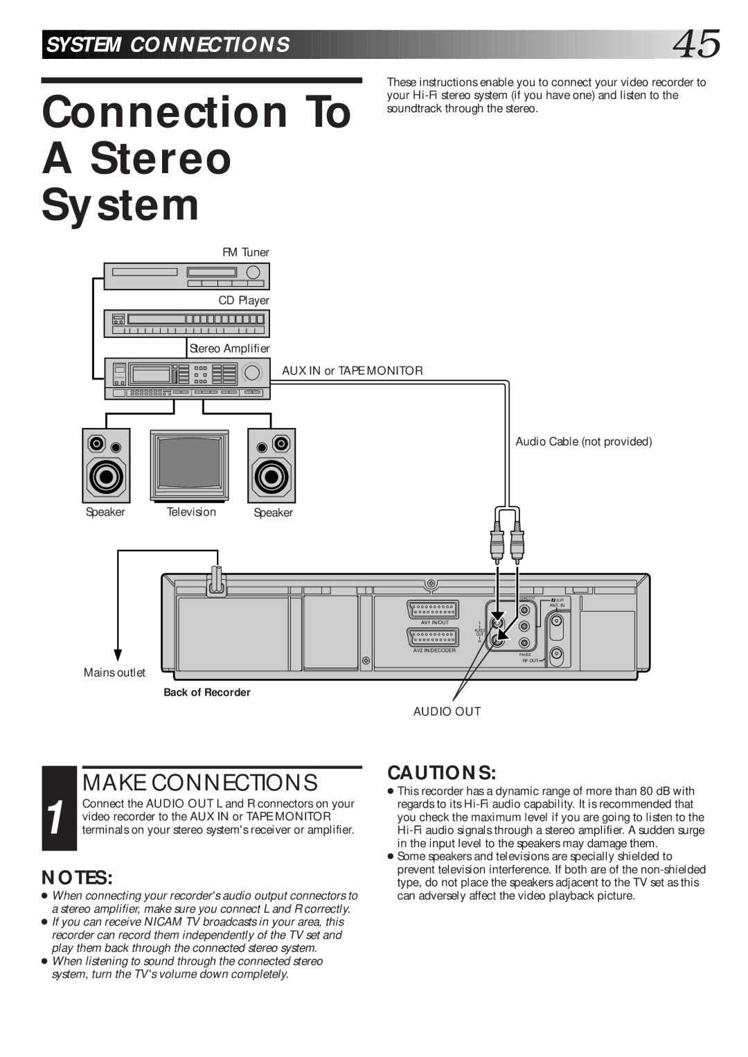 JVC HR-DD865EK setup guide Connection To Stereo System, Audio Cable not provided Speaker 