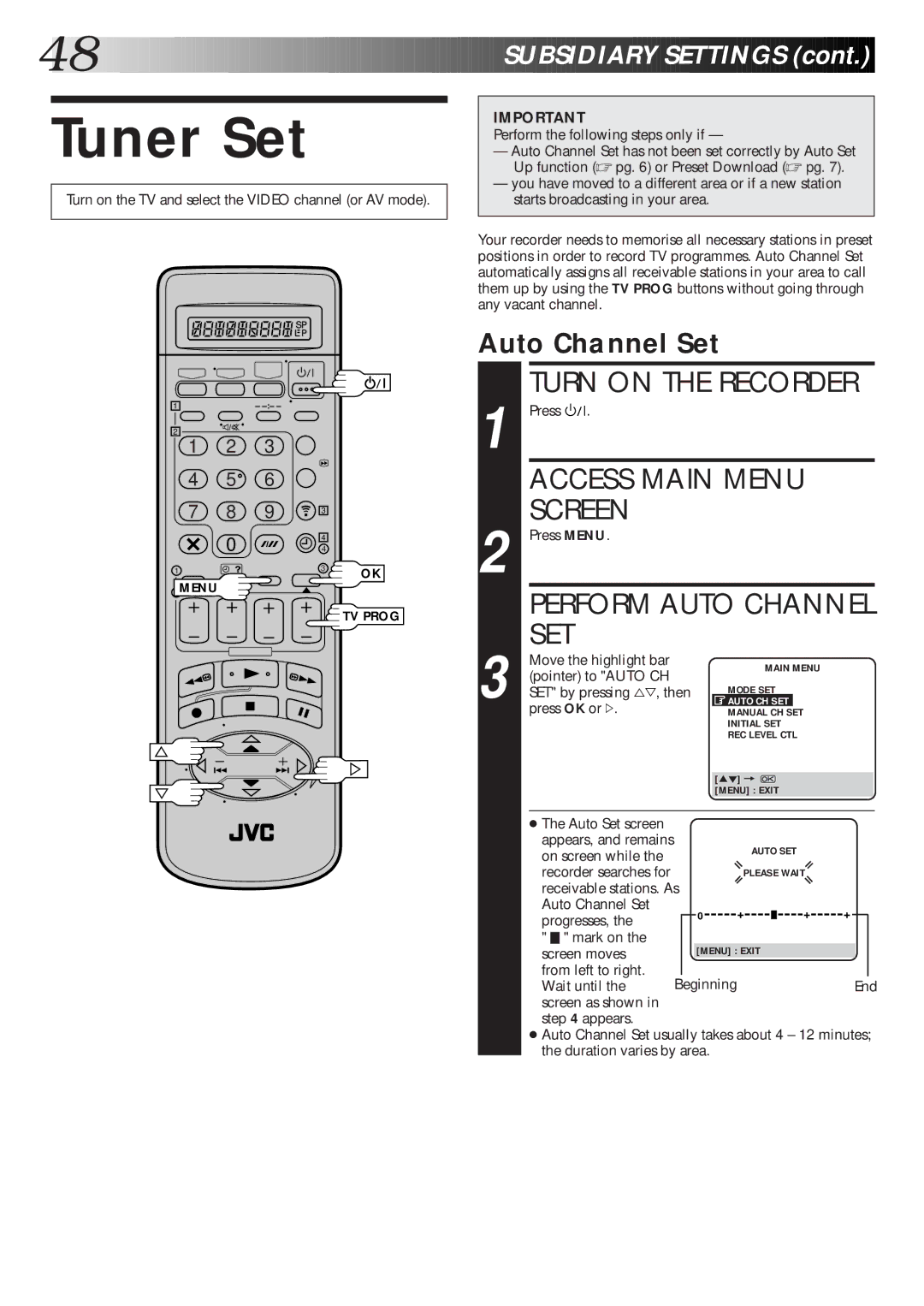 JVC HR-DD865EK setup guide Tuner Set, Perform Auto Channel SET, Auto Channel Set 