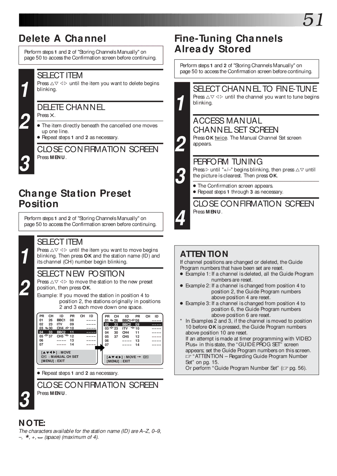 JVC HR-DD865EK setup guide Delete a Channel, Change Station Preset Position, Fine-Tuning Channels Already Stored 