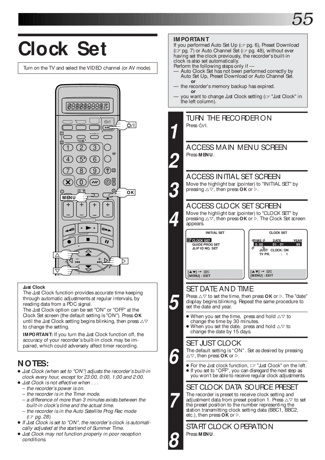 JVC HR-DD865EK setup guide Clock Set, Just Clock 