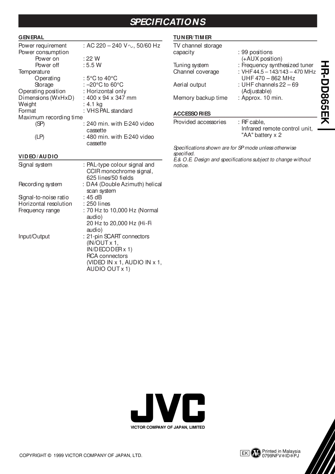 JVC HR-DD865EK setup guide Maximum recording time, DA4 Double Azimuth helical, VHF 44.5 143/143 470 MHz 