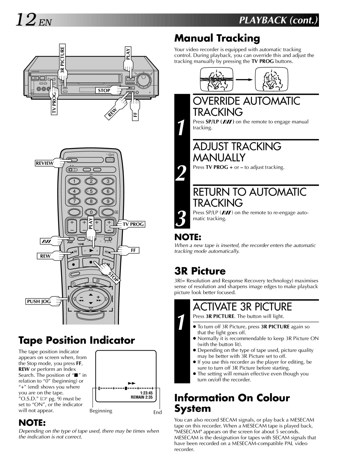 JVC HR-DD949EE Override Automatic Tracking, Adjust Tracking, Manually, Return to Automatic, Activate 3R Picture 