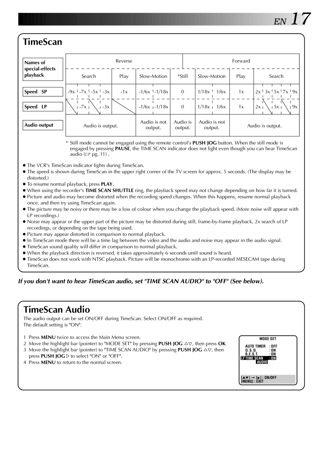 JVC HR-DD949EE specifications TimeScan Audio, Speed SP Speed LP Audio output 