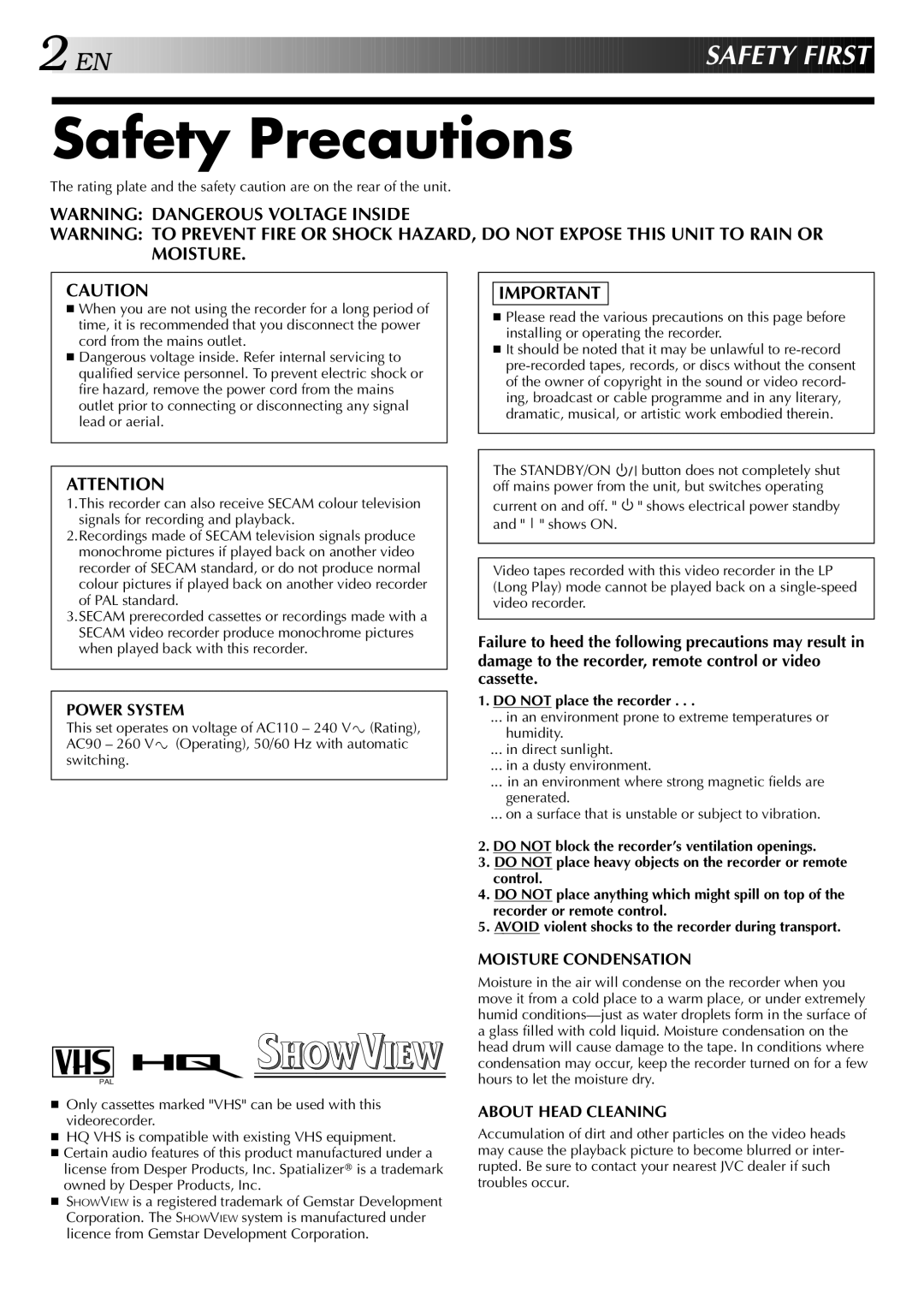 JVC HR-DD949EE specifications Safety Precautions, Do not place the recorder 