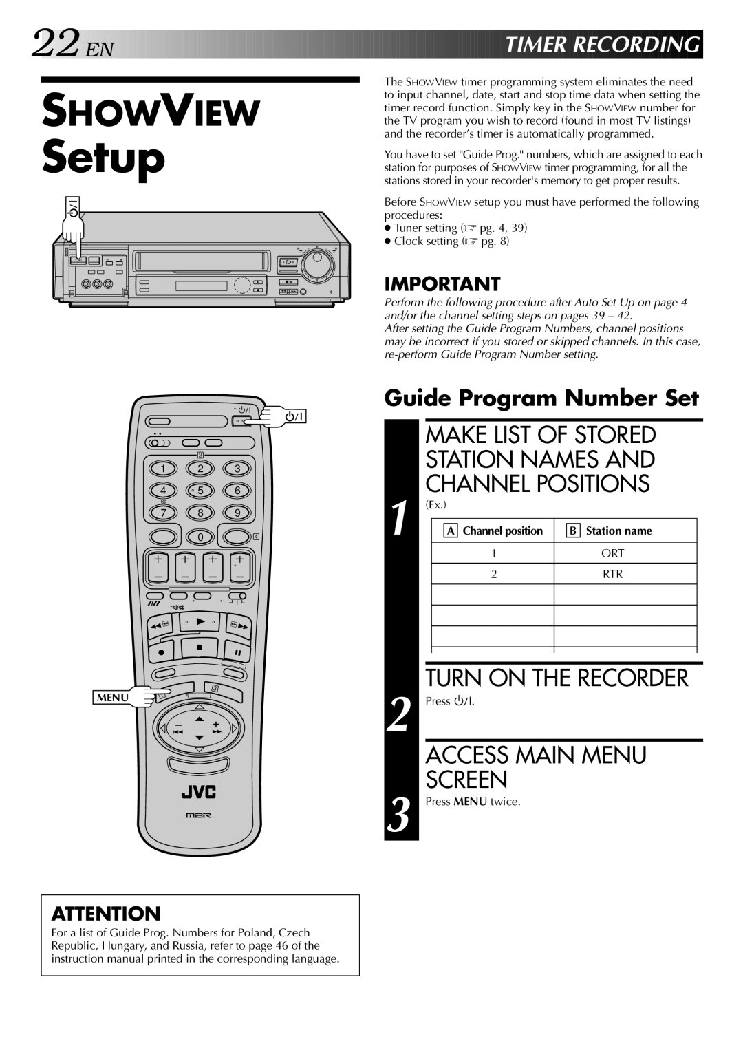 JVC HR-DD949EE Setup, Make List of Stored Station Names Channel Positions, EN Timer Recording, Guide Program Number Set 