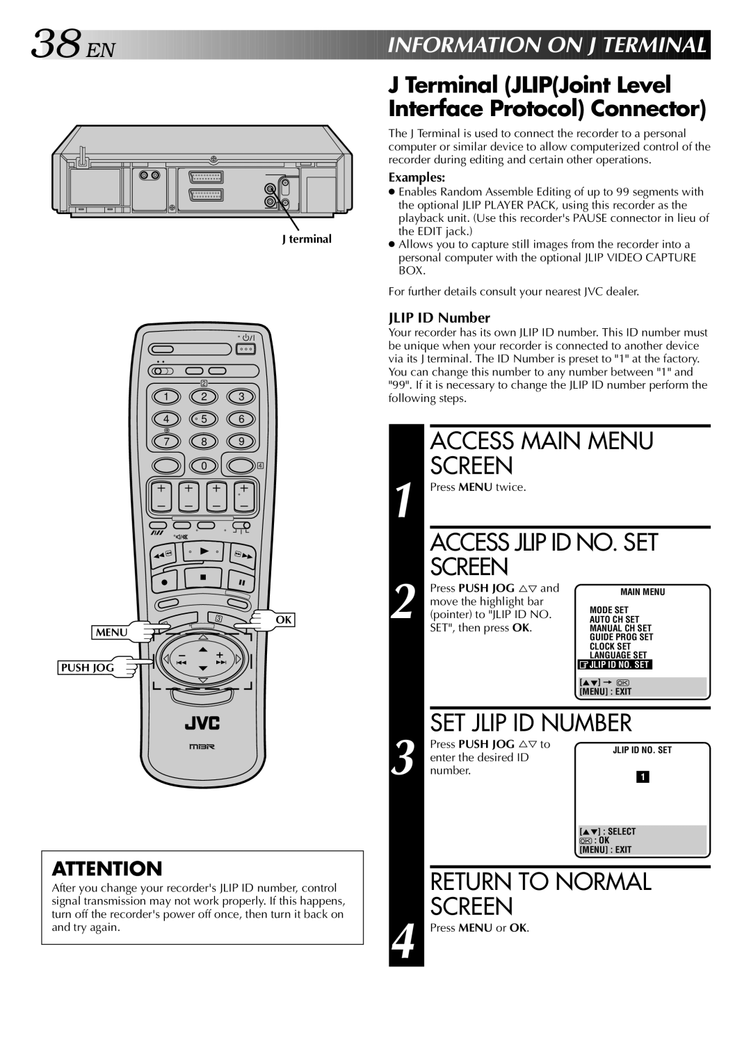 JVC HR-DD949EE Access Jlip ID NO. SET Screen, SET Jlip ID Number, Return to Normal Screen, Terminal JLIPJoint Level 