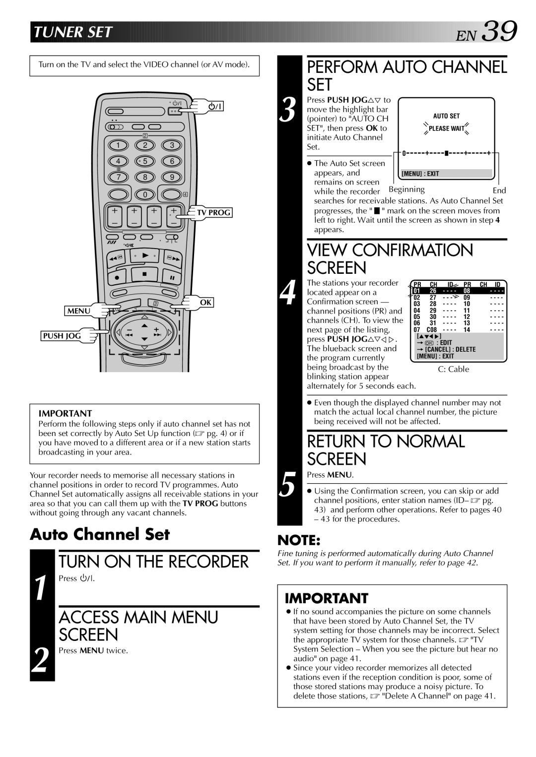 JVC HR-DD949EE specifications Perform Auto Channel SET, View Confirmation Screen, Tuner SET 