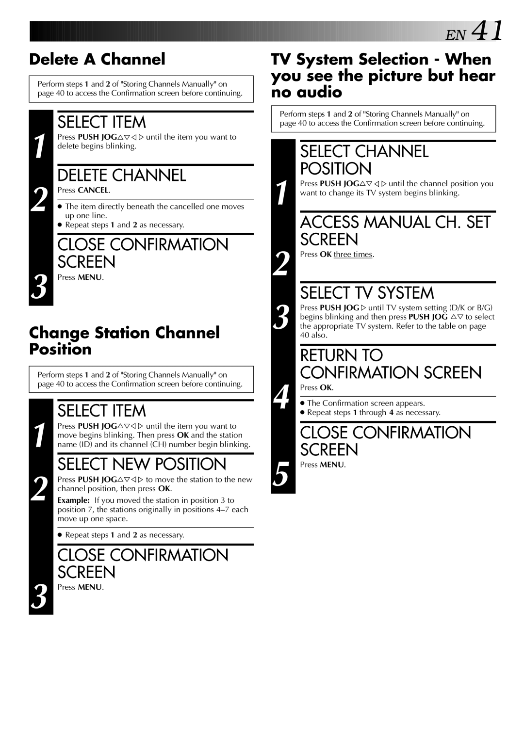 JVC HR-DD949EE specifications Select Item, Delete Channel, Close Confirmation, Select NEW Position, Select Channel Position 