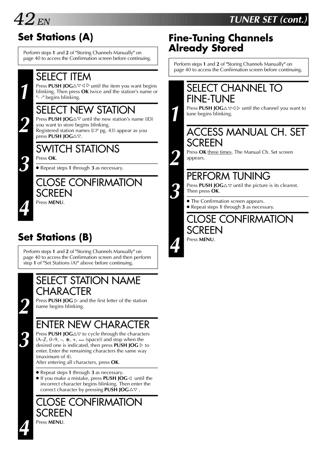 JVC HR-DD949EE Select NEW Station, Switch Stations, Select Channel to, Fine-Tune, Perform Tuning, Enter NEW Character 