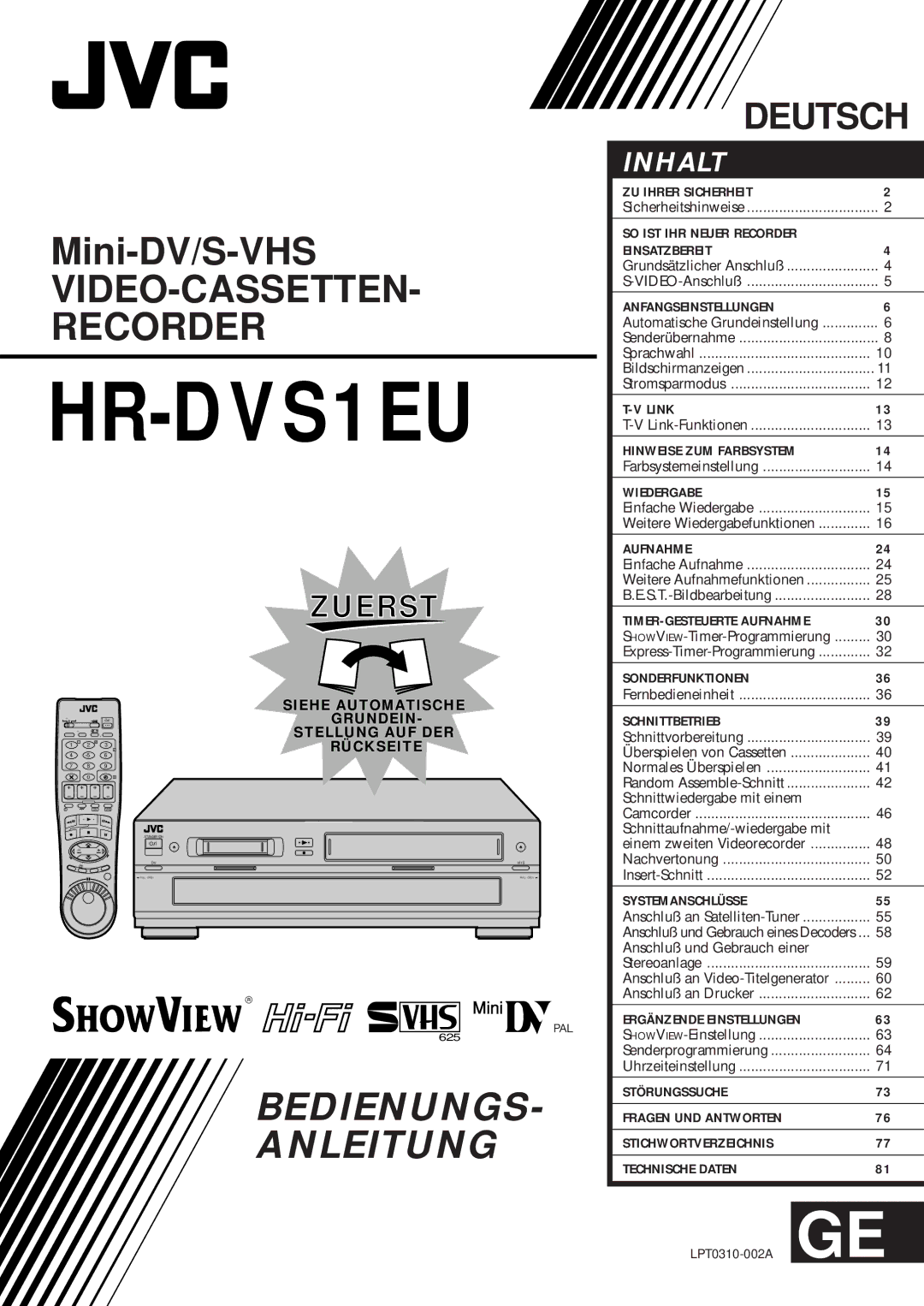 JVC HR-DVS1EU manual SHOWVIEW-Timer-Programmierung, Fernbedieneinheit, Normales Überspielen, Nachvertonung 