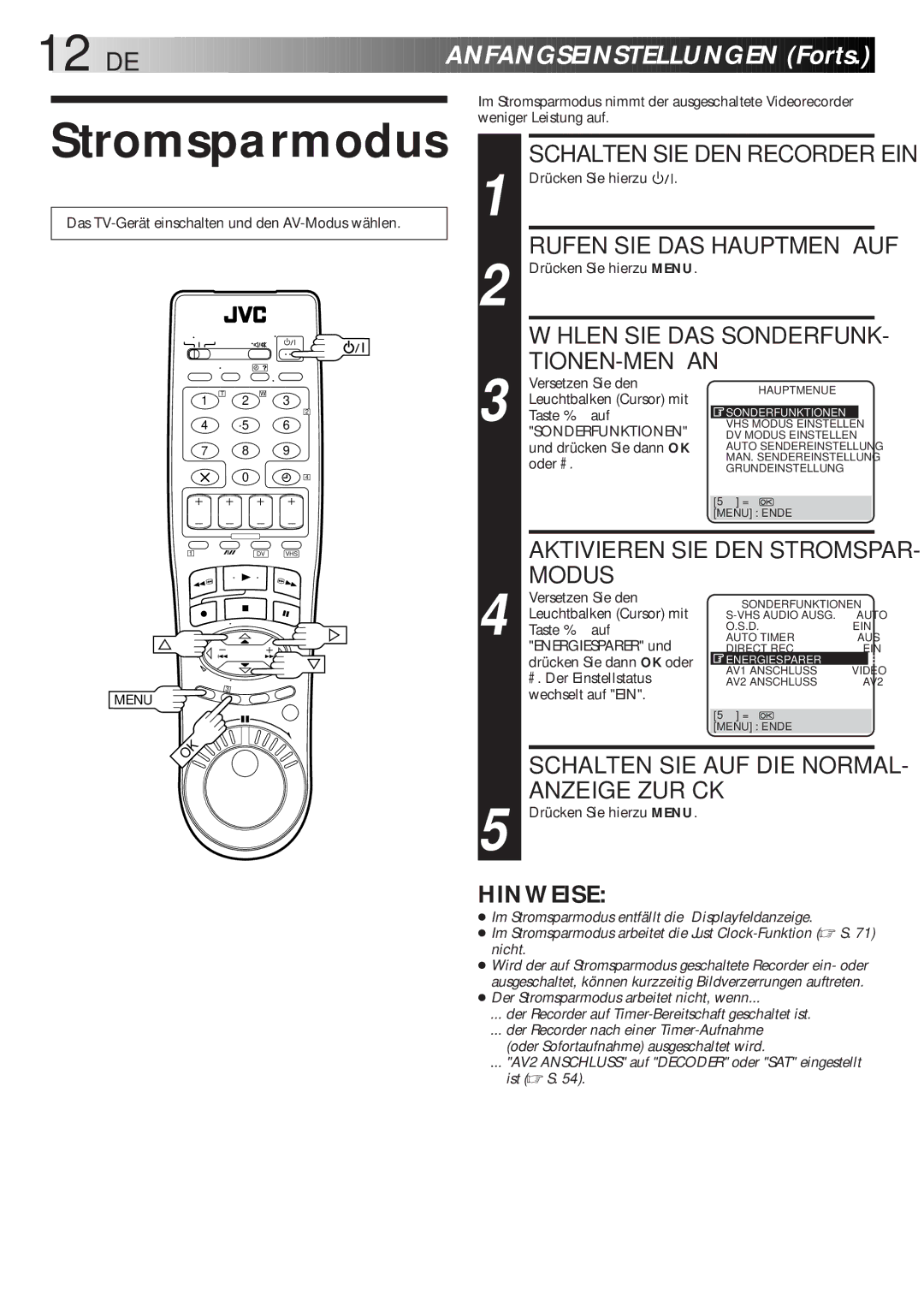 JVC HR-DVS1EU manual Stromsparmodus, Modus, Aktivieren SIE DEN Stromspar, Sonderfunktionen 