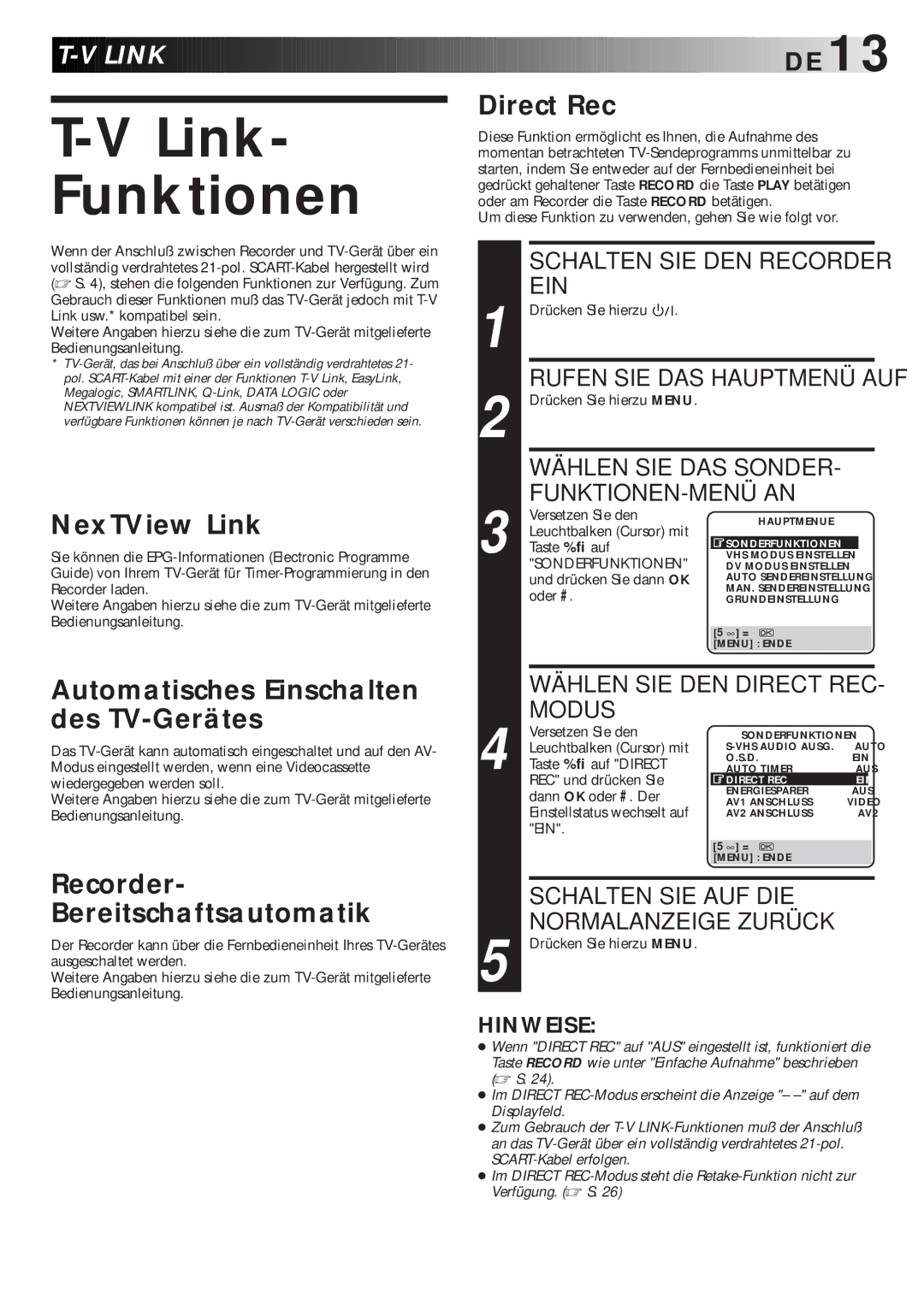 JVC HR-DVS1EU manual Li Nk, NexTView Link, Automatisches Einschalten des TV-Gerätes, Recorder- Bereitschaftsautomatik 