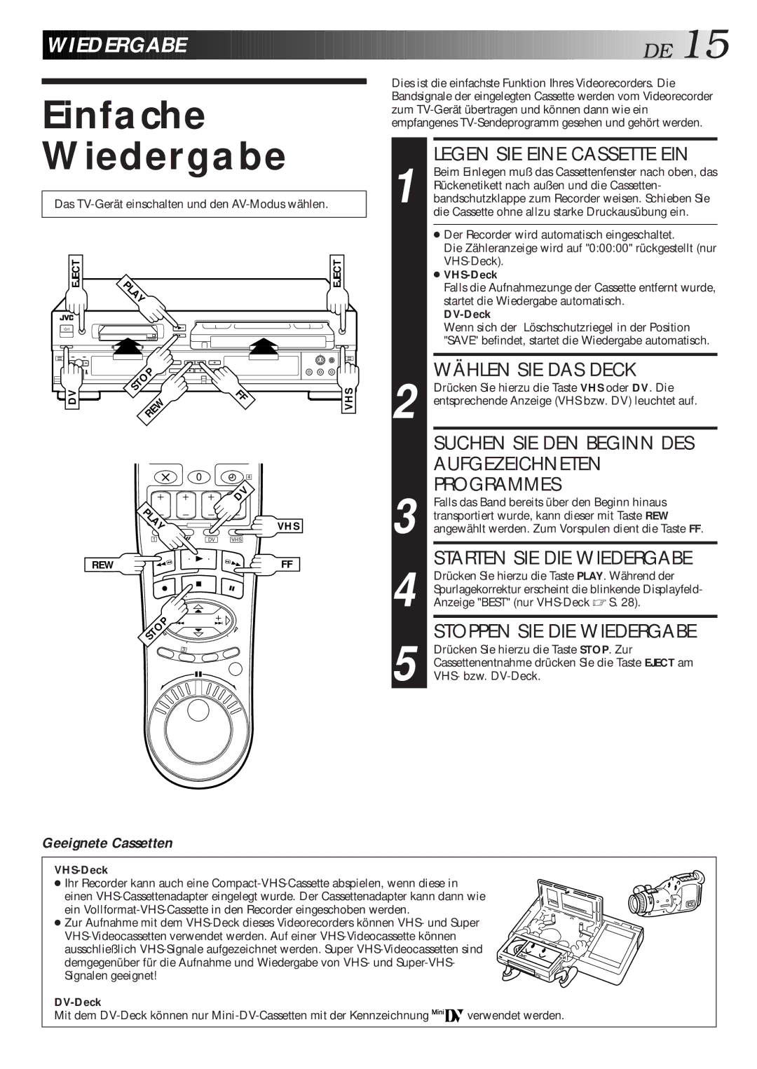 JVC HR-DVS1EU manual Einfache, Wiedergabe, Wiede Rgabe 