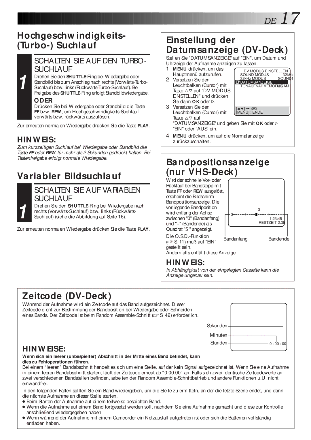 JVC HR-DVS1EU manual Hochgeschwindigkeits- Turbo- Suchlauf, Bandpositionsanzeige nur VHS-Deck, Zeitcode DV-Deck 