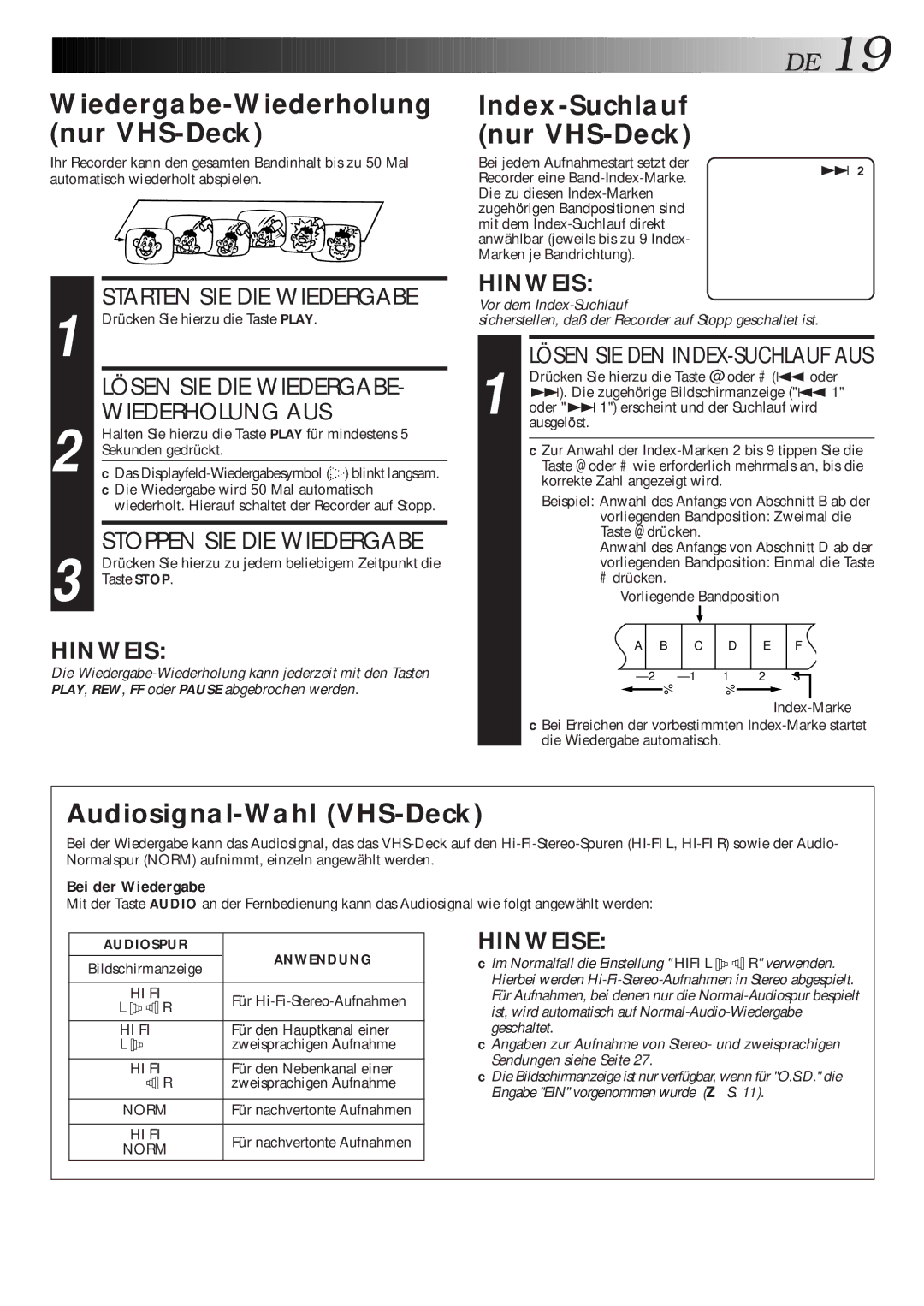 JVC HR-DVS1EU manual Wiedergabe-Wiederholung nur VHS-Deck, Index-Suchlauf Nur VHS-Deck, Audiosignal-Wahl VHS-Deck 